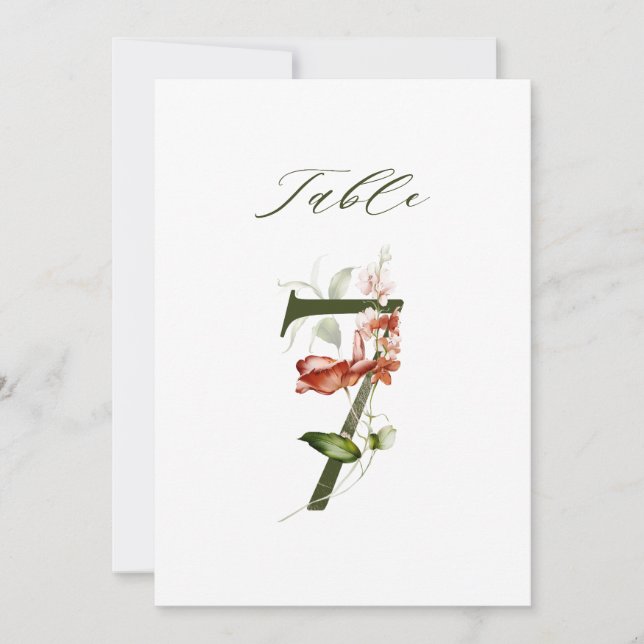 Convites Número 7 Botânico Floral 5x7, Número da Mesa (Frente)
