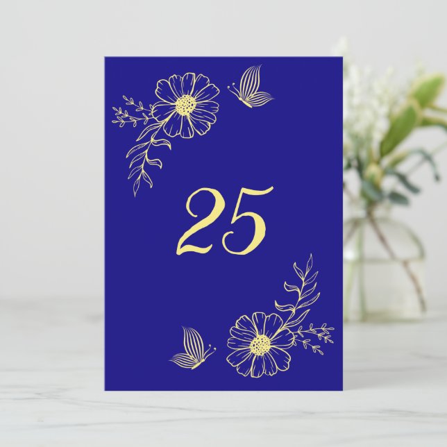 Convites Numero azul-real da flor do ouro romântico (Em pé/Frente)