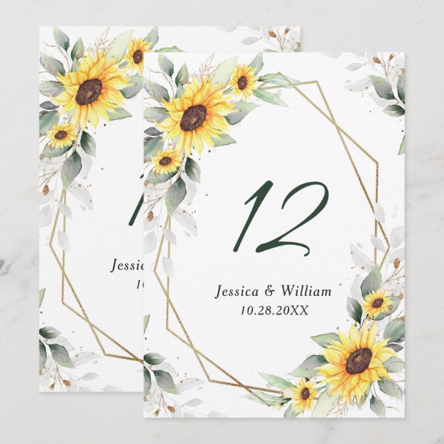 Convites Número da Mesa Casada Verde de Girassóis Elegantes (Frente/Verso)