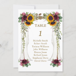 Convites Número da Mesa Casamento com Dossel de Girassóis d