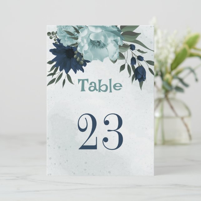 Convites Número da mesa com flores azuis empoeiradas & azui (Em pé/Frente)