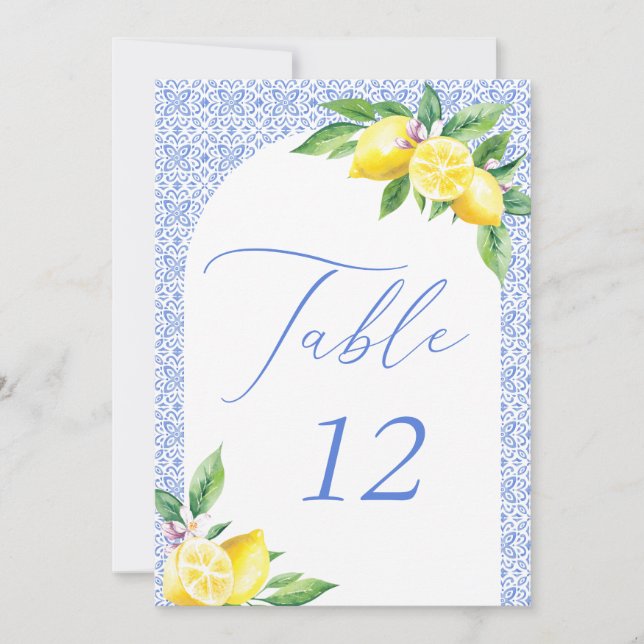 Convites Número da Mesa de Azulejo Azul Italiano Limão Posi (Frente)
