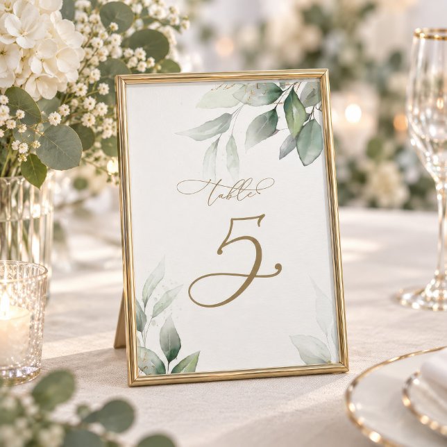 Convites Número da Mesa de Casamento 5 com Verde de Eucalip (Eucalyptus Greenery Table Number card displayed in a gold frame with florals)
