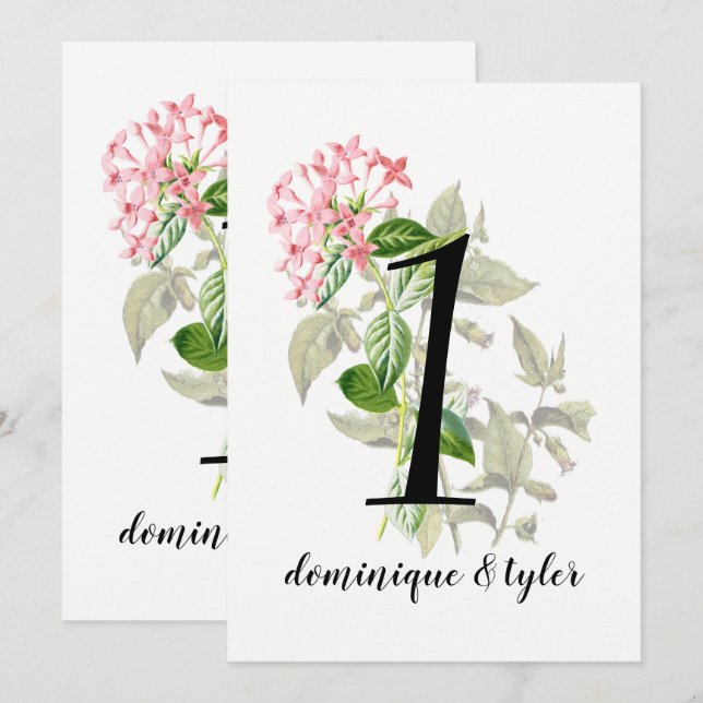 Convites Número da Mesa de Casamento com Flores Rosadas Ant (Frente/Verso)