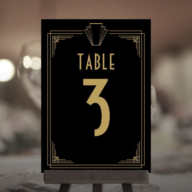 Convites Número Da Mesa De Casamento De Deco De Arte Preta  (Black And Gold 1920s Art Deco Wedding Table Number)