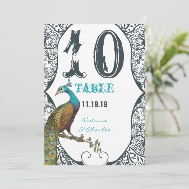 Convites Número da Mesa de Casamento de Pavão Caprichoso Az (Em pé/Frente)