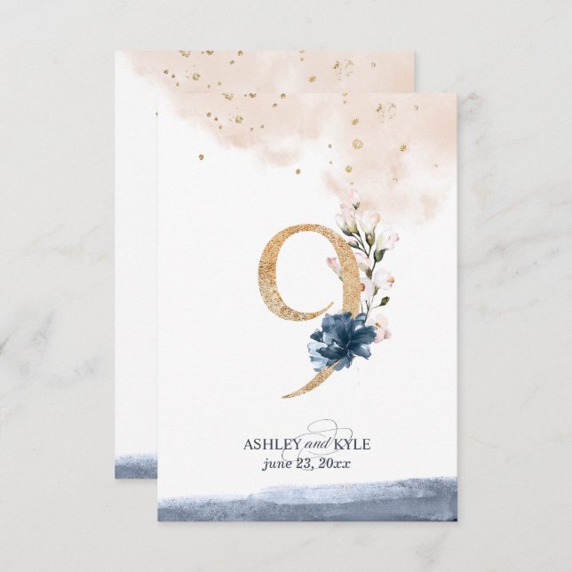 Convites Número da mesa de casamento em azul-marinho, rosa  (Frente/Verso)