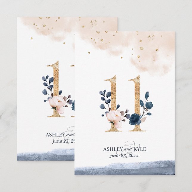 Convites Número da mesa de casamento em azul-marinho, rosa  (Frente/Verso)