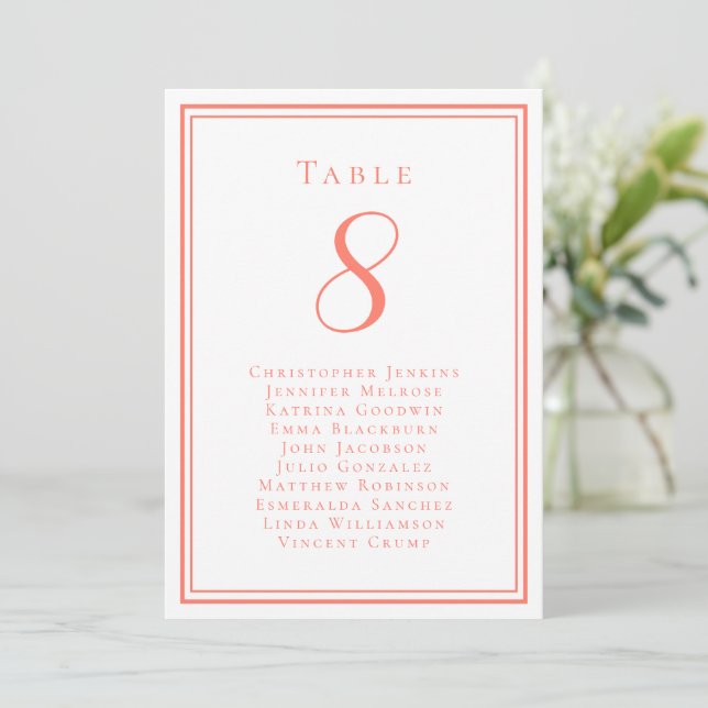 Convites Número da Mesa de Convidados no Casamento Coral Br (Em pé/Frente)