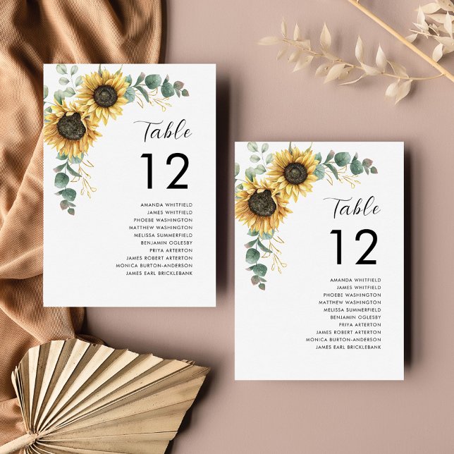 Convites Número da Mesa do Casamento do Girassol 12 Mapa de (Sunflower Eucalyptus Wedding Floral Reception Table Number Card)