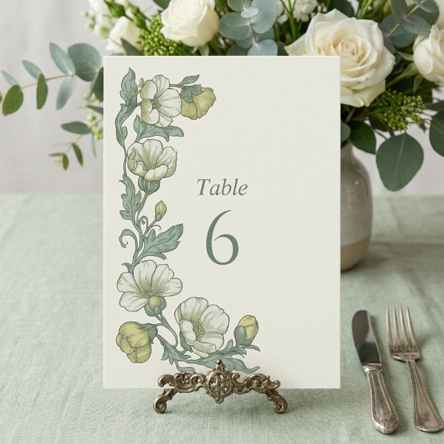 Convites Número da Mesa em Verde Sálvia Floral Botânico Vin (Vintage Botanical Floral Sage Green Table Number)