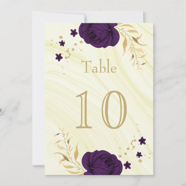 Convites número da mesa floral de ouro roxo real (Frente)