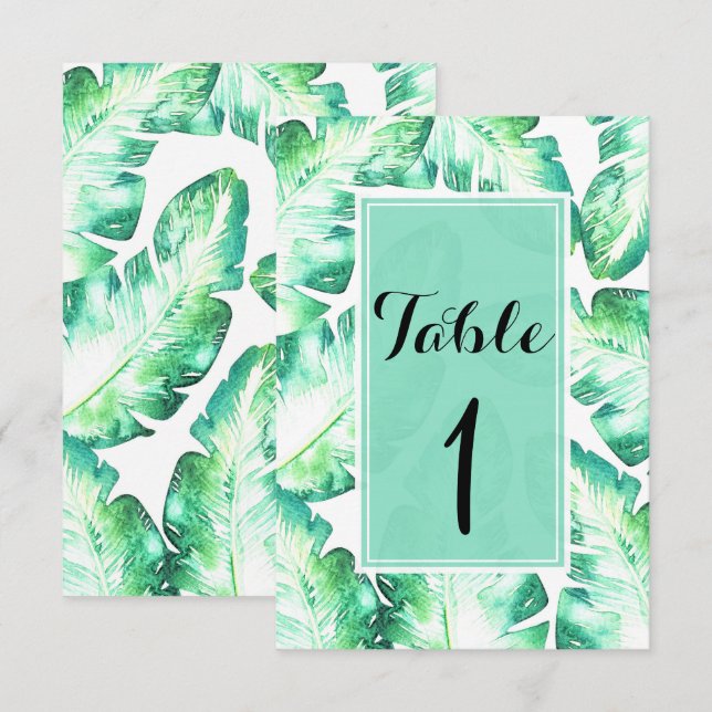 Convites Número da Mesa Folhas Tropicais Branco e Verde Pra (Frente/Verso)