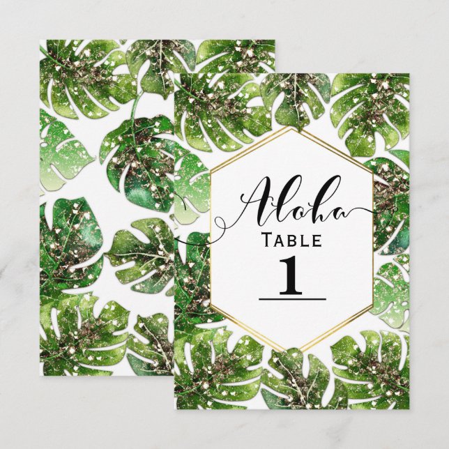 Convites Número da Mesa Folhas Tropicais Brilho em Glitter  (Frente/Verso)