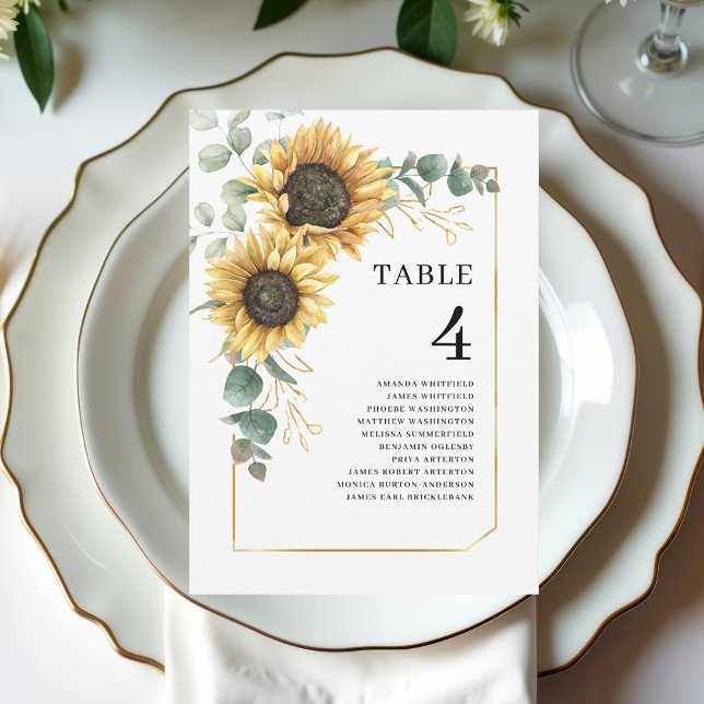 Convites Numero da Mesa Nupcial Eucalyptus Floral Sunflower (Floral Sunflower Eucalyptus Wedding Table Number 4)