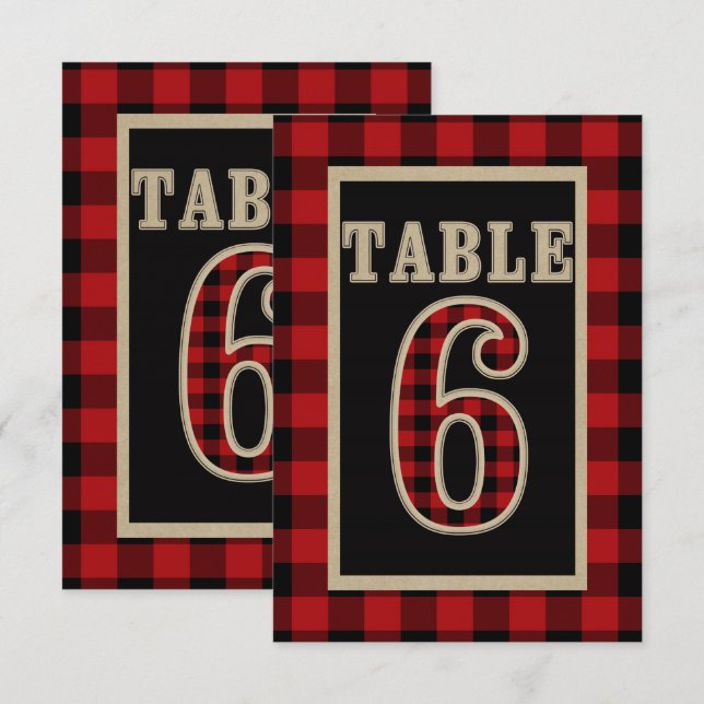 Convites Número da Mesa Rústica Xadrez Búfalo Vermelho e Pr (Frente/Verso)