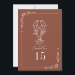 Convites Número da Tabela Caseira de Lavagantes Terracotta<br><div class="desc">Ilustração da lagosta rústica no topo com a fronteira da solha botânica da arte da linha. O fundo é cor de terracota.</div>