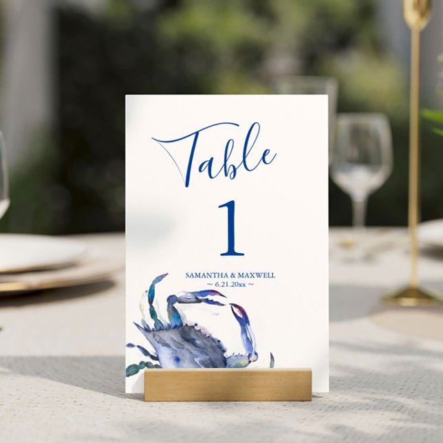 Convites Número da Tabela de Casamento de Caranguejo Costei (Table number cards destination beach wedding watercolor blue crab art by Victoria Grigaliunas)