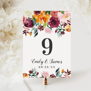 Convites Número da Tabela de Casamento Floral Rustic Burgu