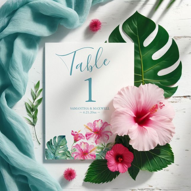 Convites Número da Tabela de Casamento Tropical Floral (Destination weddings table number tropical pink hibiscus flower watercolor art Victoria Grigaliunas)