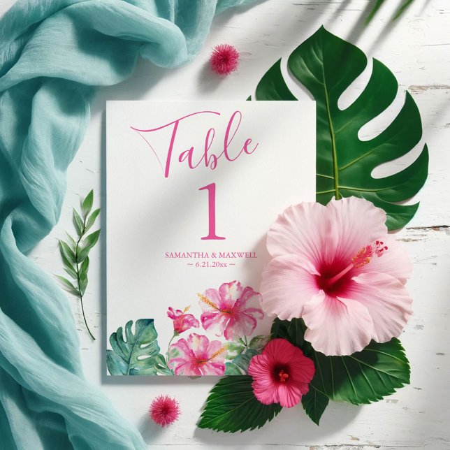 Convites Número da Tabela de Casamento Tropical Floral (Destination weddings tropical pink watercolor hibiscus flowers and palm leaf artVictoria Grigaliunas)