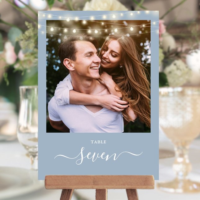 Convites Número da Tabela de Fotografias das Luzes Azuis Du (Dusty Blue String Lights Photo Table Number)