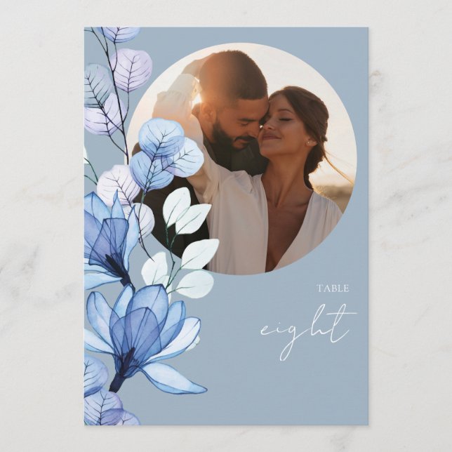 Convites Número da Tabela de Fotos Floral Transparente Azul (Frente)