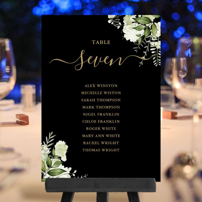 Convites Número da Tabela de Planos Florais Pretos E Dourad (Black And Gold Floral Seating Plan Table Number)