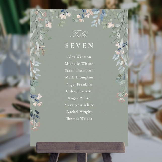 Convites Número da Tabela de Planos Florais Verdes Sage (Sage Green Floral Seating Plan Table Number)