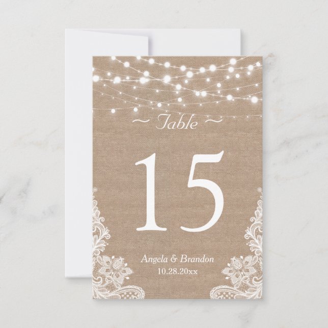 Convites Número da Tabela do Lace das Luzes de Burlap Russo (Frente)