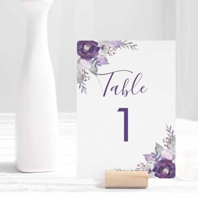 Convites Número de (Purple and Silver Watercolor Floral Table Number)
