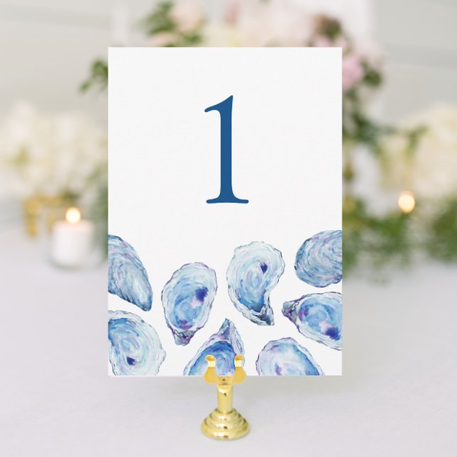 Convites Número de Mesa Casamento Aquarela Ostra Azul (Oyster Wedding Table Number with elegant blue watercolor illustrations from Concertina Press)