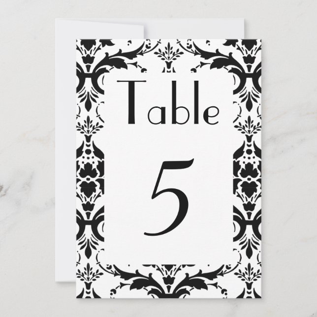 Convites Número de Mesa Casamento Preto e Branco Damask (Frente)