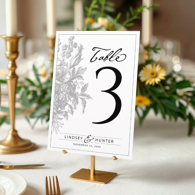 Convites Número de Mesa Casamento Preto e Branco Floral Vin (Elegant vintage floral bouquet black and white simple wedding reception dinner table number card)