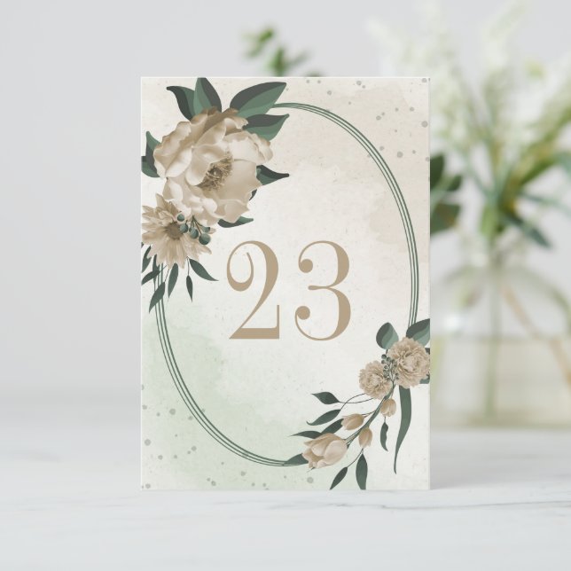 Convites número de mesa com flores de champanhe folhagem ge (Em pé/Frente)