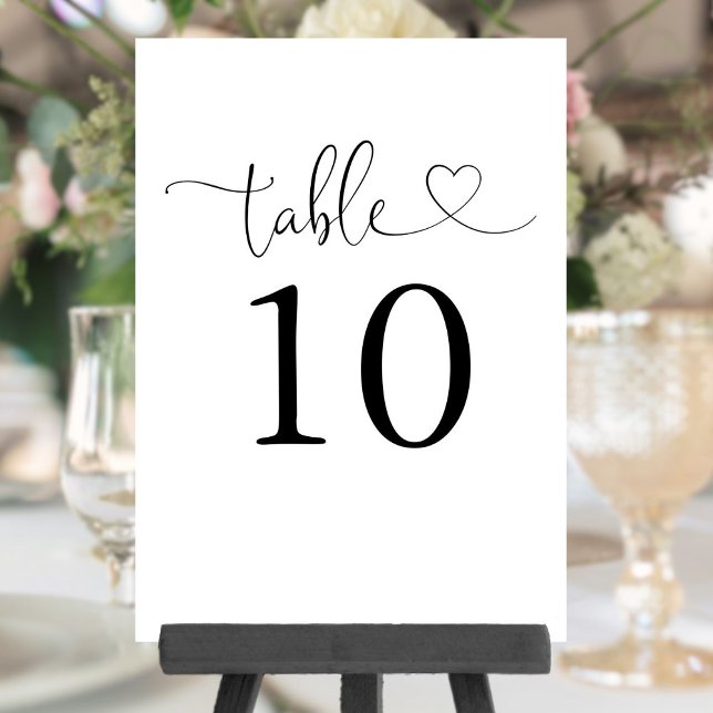 Convites Número de Mesa com Letra Coração Preto e Branco (Heart Script Black And White Table Number)