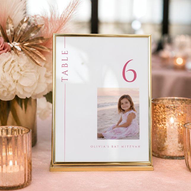 Convites Número de mesa de Bat Mitzvah Rosa Quente com Foto (Criador carregado)