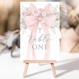 Convites Número de Mesa de Batismo Floral com Laço Rosa