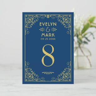 Convites Número de Mesa de Casamento Art Déco em Azul Marin