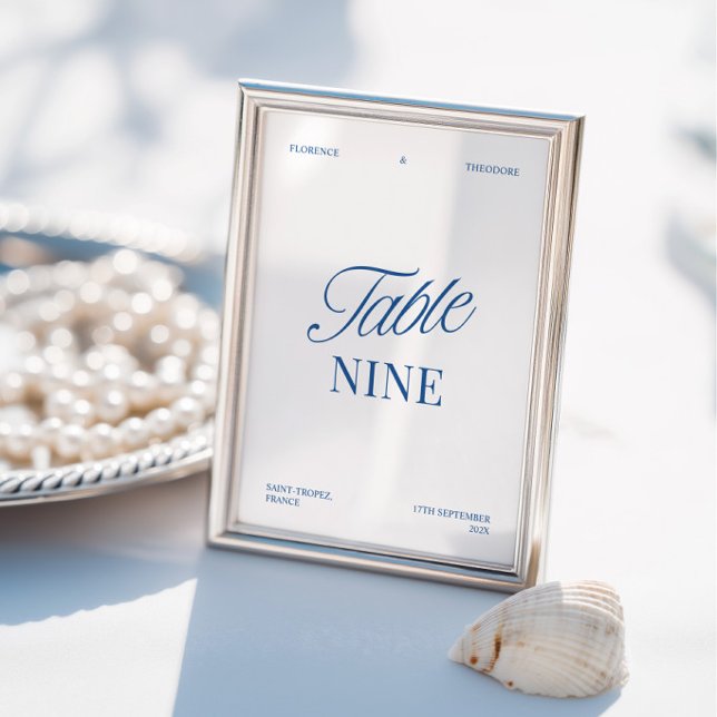 Convites Número de Mesa de Casamento Azul e Branco Moderno  (Modern Elegant Blue & White Wedding Table Number)