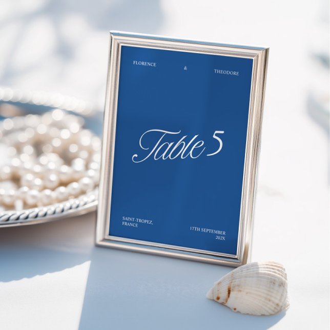 Convites Número de Mesa de Casamento Azul e Branco Moderno  (Modern Elegant Blue & White Wedding Table Number)