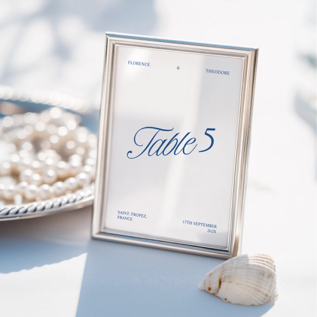 Convites Número de Mesa de Casamento Azul e Branco Moderno  (Modern Elegant Blue & White Wedding Table Number)