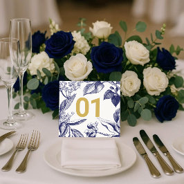 Convites Número de Mesa de Casamento Azul e Dourado Botânic