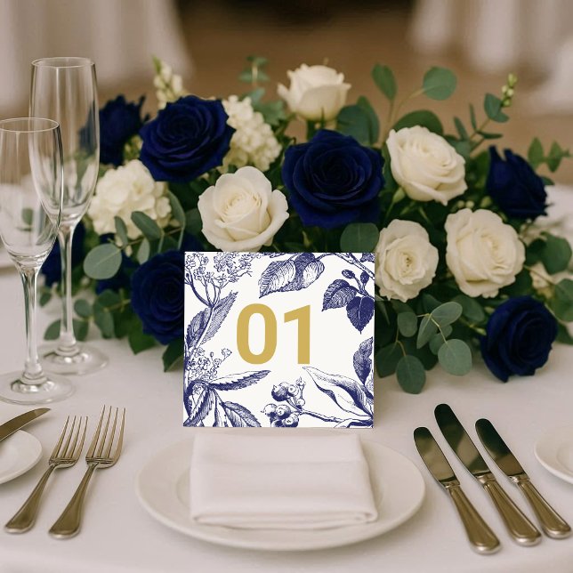 Convites Número de Mesa de Casamento Azul e Dourado Botânic (Criador carregado)