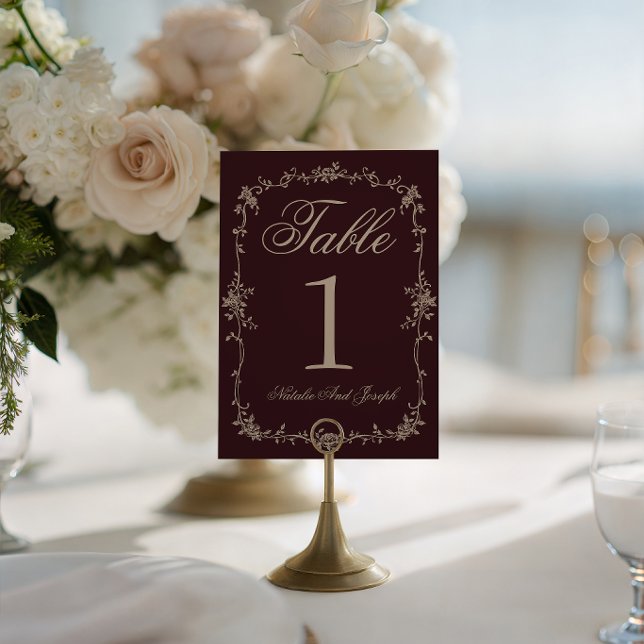 Convites Número de Mesa de Casamento Botânico Borgonha Flor (Criador carregado)