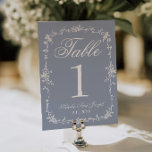 Convites Número de Mesa de Casamento Botânico em Azul Flora<br><div class="desc">Números de mesa de casamento botânico floral branco e azul empoeirado clássicos e elegantes. Como você vê,  apresenta um fundo azul antigo com texto branco que combina com todo o conjunto. E moldura floral com contorno branco.</div>