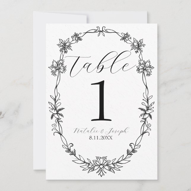 Convites Número de Mesa de Casamento Botânico Preto e Branc (Frente)