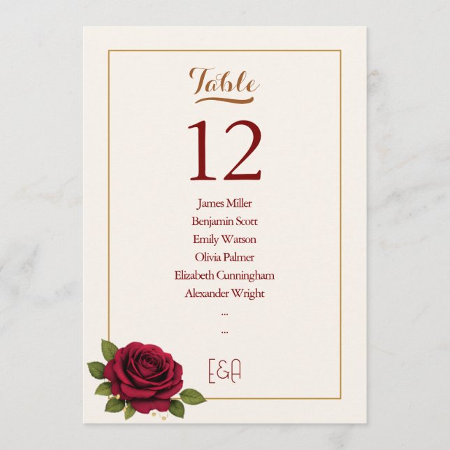 Convites Número de Mesa de Casamento Burgundy e Marfim Eleg (Frente)