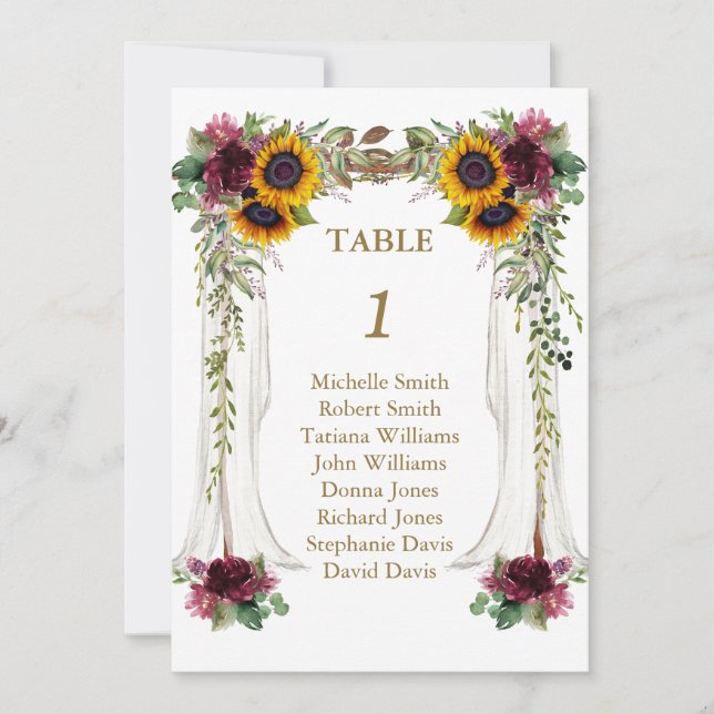 Convites Número de mesa de casamento com dossel de girassói (Frente)