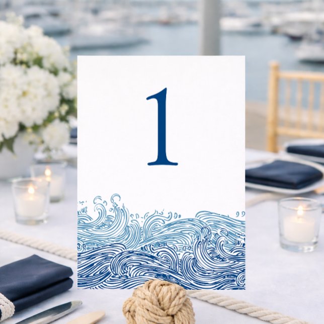 Convites Número de Mesa de Casamento com Ondas Oceânicas Az (Blue Ocean Waves Wedding Table Number for a Yacht Club Wedding by Concertina Press)